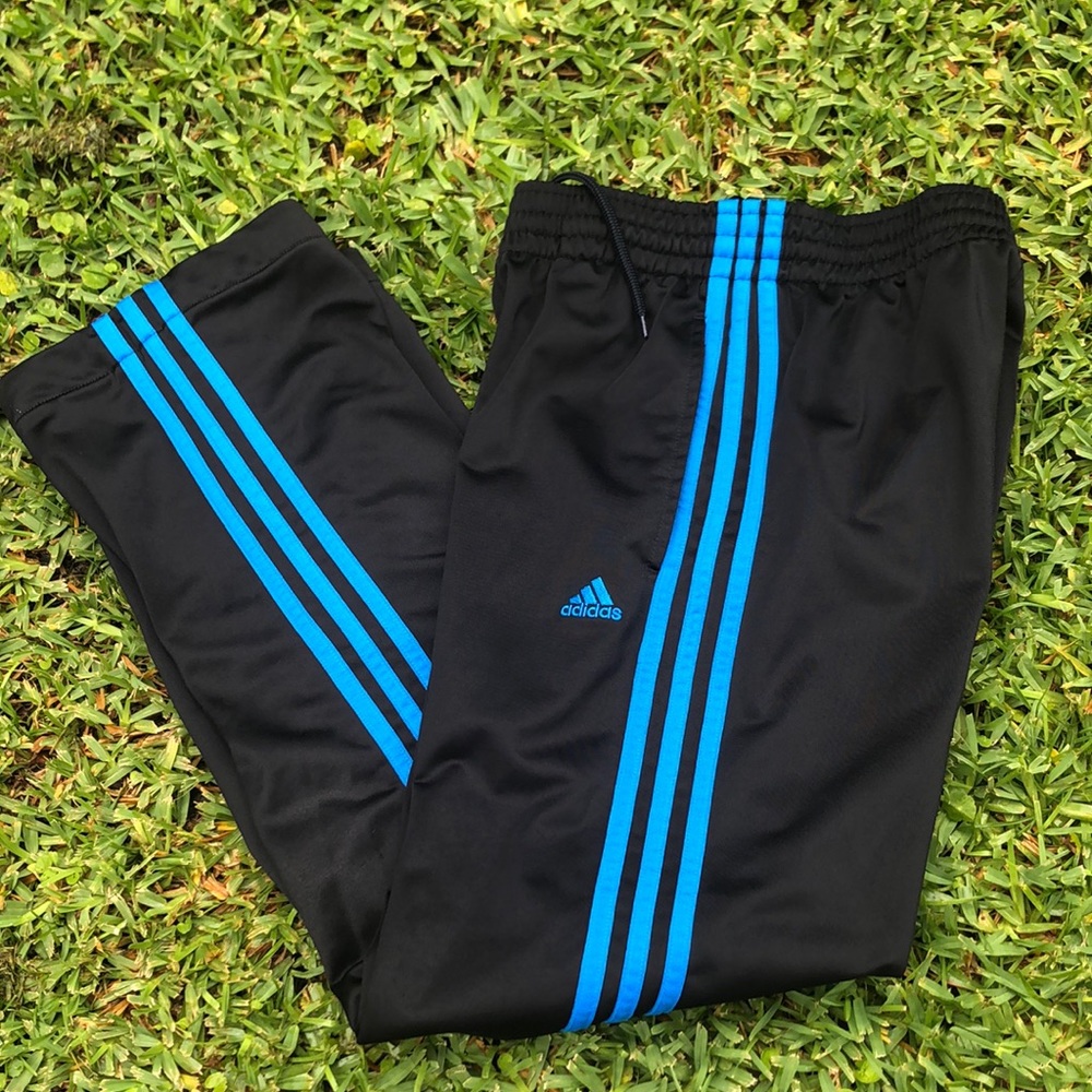 Adidas black warm up pant with blue side stripe,Sz XSmall